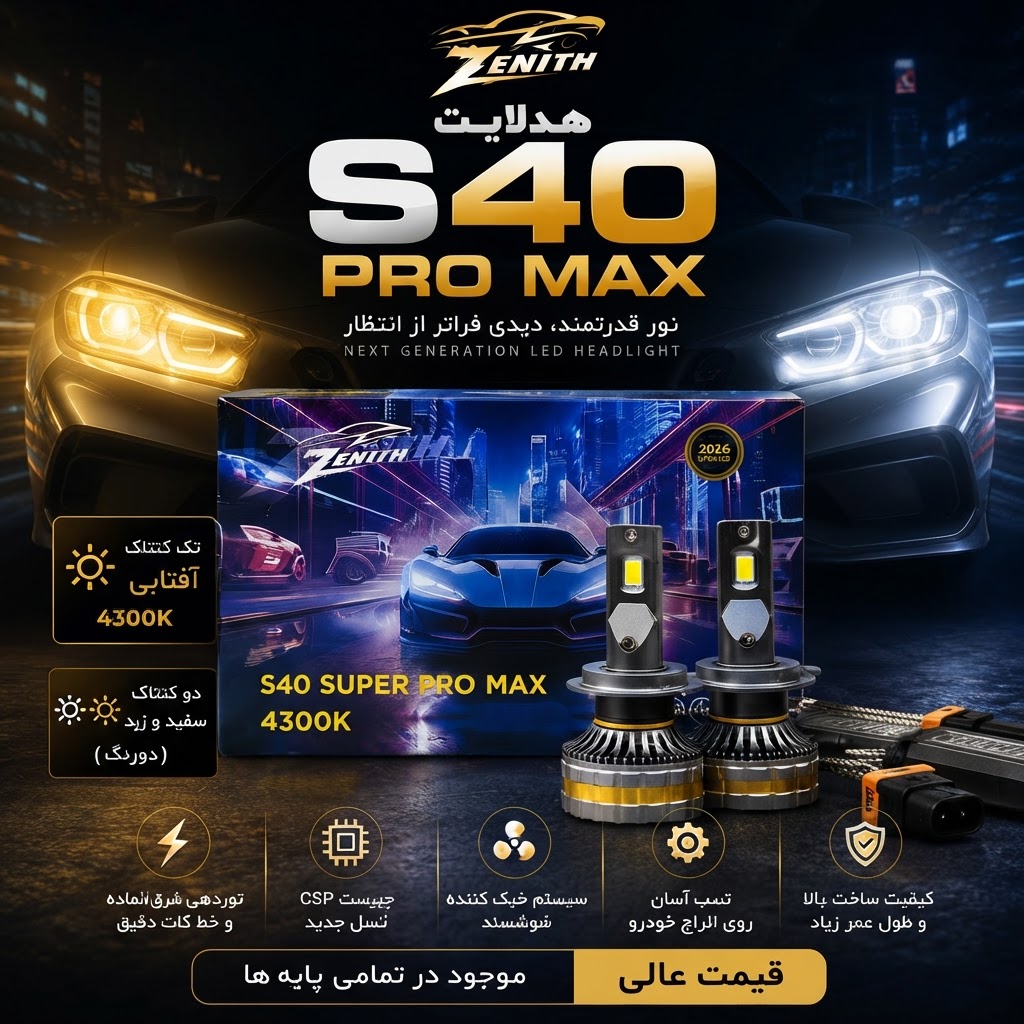 هدلایت دو رنگ مدل S40 پایه H4 سوپر پرو مکس زنیت